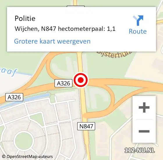 Locatie op kaart van de 112 melding: Politie Wijchen, N847 hectometerpaal: 1,1 op 30 september 2022 21:42