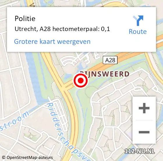 Locatie op kaart van de 112 melding: Politie Utrecht, A28 hectometerpaal: 0,1 op 1 oktober 2022 14:37