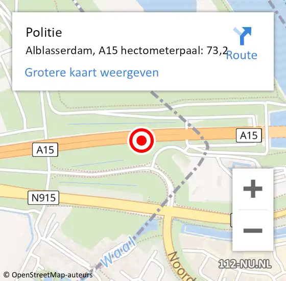 Locatie op kaart van de 112 melding: Politie Ridderkerk, A15 hectometerpaal: 73,2 op 1 oktober 2022 17:12