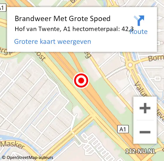 Locatie op kaart van de 112 melding: Brandweer Met Grote Spoed Naar Hof van Twente, A1 hectometerpaal: 42,3 op 1 oktober 2022 19:44