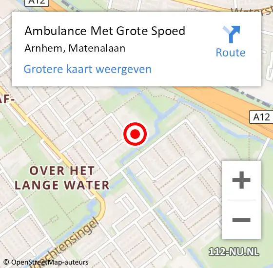 Locatie op kaart van de 112 melding: Ambulance Met Grote Spoed Naar Arnhem, Matenalaan op 1 oktober 2022 19:59