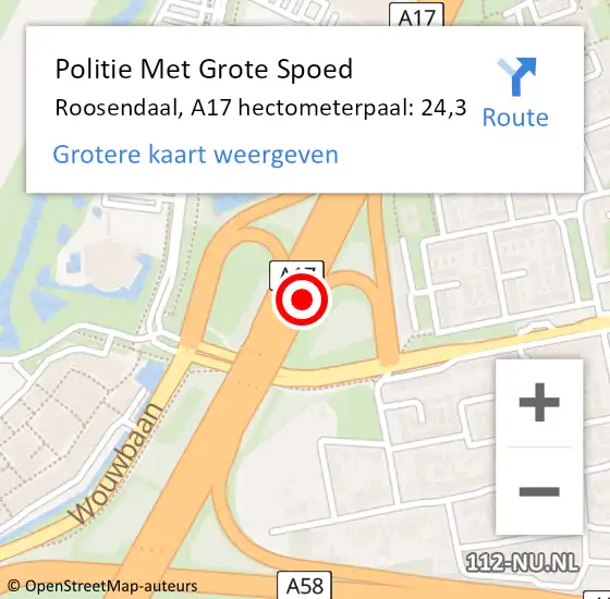 Locatie op kaart van de 112 melding: Politie Met Grote Spoed Naar Roosendaal, A17 hectometerpaal: 24,3 op 1 oktober 2022 21:27