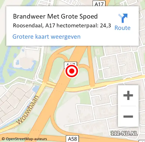 Locatie op kaart van de 112 melding: Brandweer Met Grote Spoed Naar Roosendaal, A17 hectometerpaal: 24,3 op 1 oktober 2022 21:27