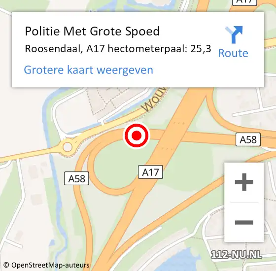 Locatie op kaart van de 112 melding: Politie Met Grote Spoed Naar Roosendaal, A17 hectometerpaal: 25,3 op 1 oktober 2022 21:29