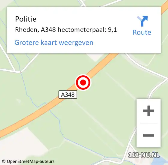 Locatie op kaart van de 112 melding: Politie Rheden, A348 hectometerpaal: 9,1 op 1 oktober 2022 22:16