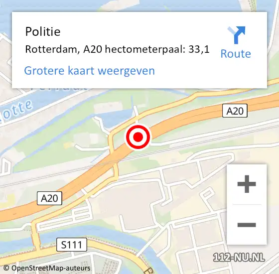 Locatie op kaart van de 112 melding: Politie Rotterdam, A20 hectometerpaal: 33,1 op 2 oktober 2022 00:43