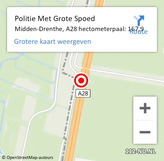 Locatie op kaart van de 112 melding: Politie Met Grote Spoed Naar Midden-Drenthe, A28 hectometerpaal: 167,9 op 2 oktober 2022 07:45