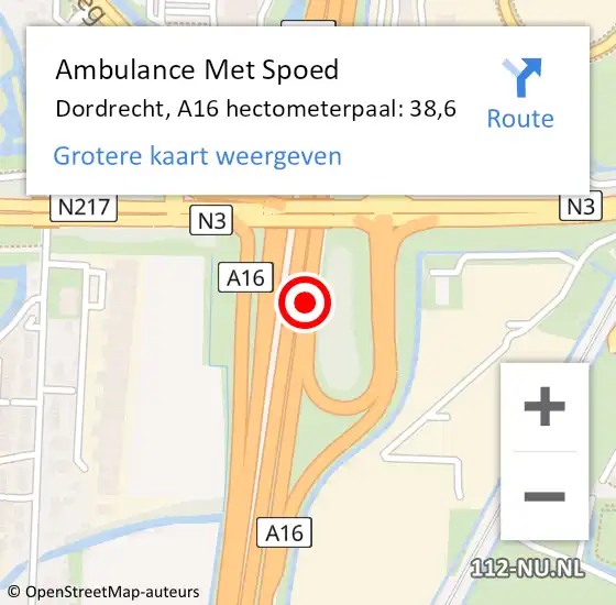 Locatie op kaart van de 112 melding: Ambulance Met Spoed Naar Dordrecht, A16 hectometerpaal: 38,6 op 2 oktober 2022 13:14