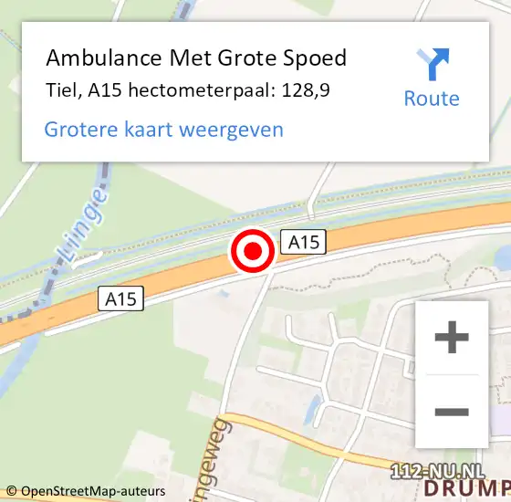 Locatie op kaart van de 112 melding: Ambulance Met Grote Spoed Naar Tiel, A15 hectometerpaal: 128,9 op 2 oktober 2022 22:06
