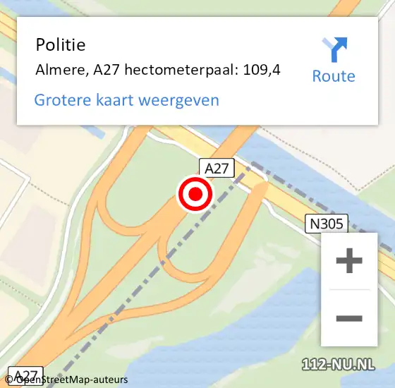 Locatie op kaart van de 112 melding: Politie Almere, A27 hectometerpaal: 109,4 op 3 oktober 2022 00:51