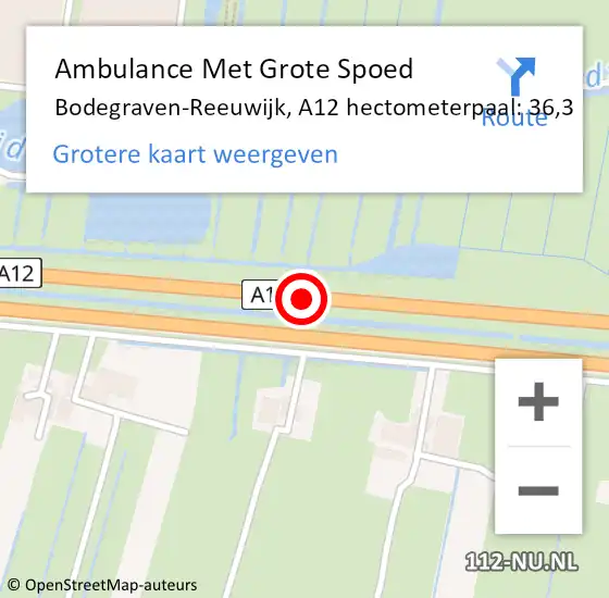 Locatie op kaart van de 112 melding: Ambulance Met Grote Spoed Naar Bodegraven-Reeuwijk, A12 hectometerpaal: 36,3 op 3 oktober 2022 08:10