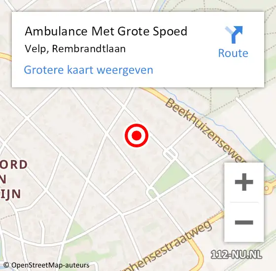 Locatie op kaart van de 112 melding: Ambulance Met Grote Spoed Naar Velp, Rembrandtlaan op 3 oktober 2022 21:50