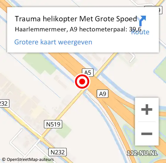 Locatie op kaart van de 112 melding: Trauma helikopter Met Grote Spoed Naar Haarlemmermeer, A9 hectometerpaal: 39,6 op 4 oktober 2022 05:42