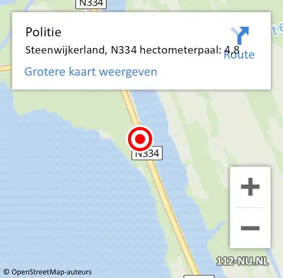 Locatie op kaart van de 112 melding: Politie Steenwijkerland, N334 hectometerpaal: 4,8 op 4 oktober 2022 07:06