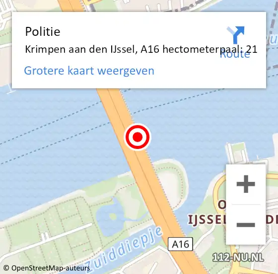 Locatie op kaart van de 112 melding: Politie Rotterdam, A16 hectometerpaal: 21 op 4 oktober 2022 15:41