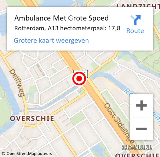 Locatie op kaart van de 112 melding: Ambulance Met Grote Spoed Naar Rotterdam, A13 hectometerpaal: 17,8 op 4 oktober 2022 17:08