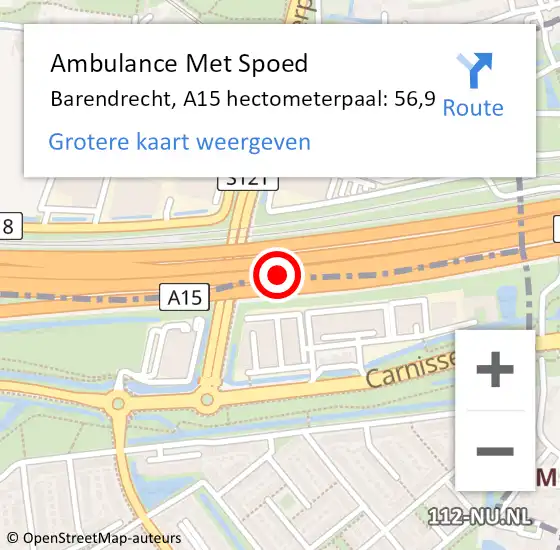 Locatie op kaart van de 112 melding: Ambulance Met Spoed Naar Barendrecht, A15 hectometerpaal: 56,9 op 4 oktober 2022 20:17