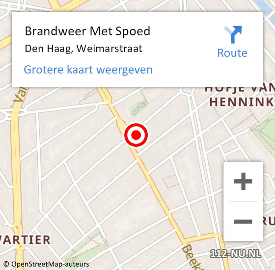 Locatie op kaart van de 112 melding: Brandweer Met Spoed Naar Den Haag, Weimarstraat op 5 oktober 2022 16:12