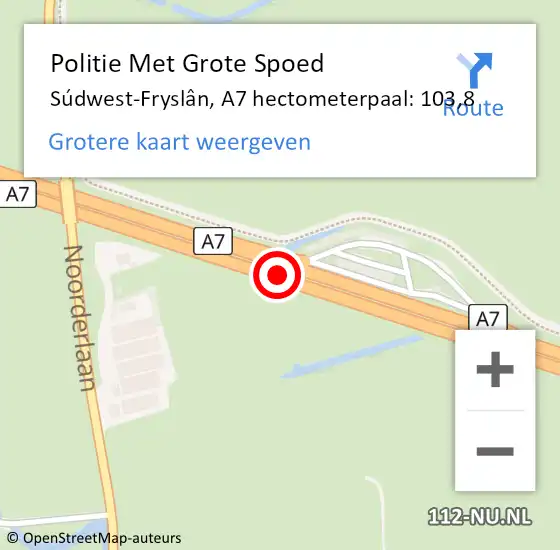 Locatie op kaart van de 112 melding: Politie Met Grote Spoed Naar Súdwest-Fryslân, A7 hectometerpaal: 103,8 op 6 oktober 2022 06:49