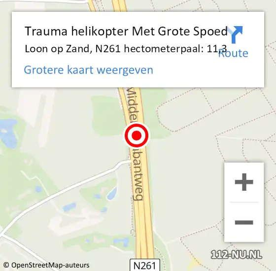 Locatie op kaart van de 112 melding: Trauma helikopter Met Grote Spoed Naar Loon op Zand, N261 hectometerpaal: 11,3 op 6 oktober 2022 07:04