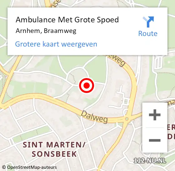 Locatie op kaart van de 112 melding: Ambulance Met Grote Spoed Naar Arnhem, Braamweg op 6 oktober 2022 07:31