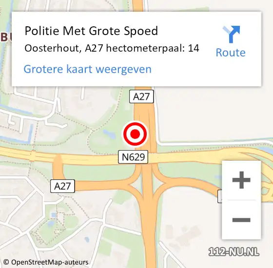 Locatie op kaart van de 112 melding: Politie Met Grote Spoed Naar Oosterhout, A27 hectometerpaal: 14 op 6 oktober 2022 08:04