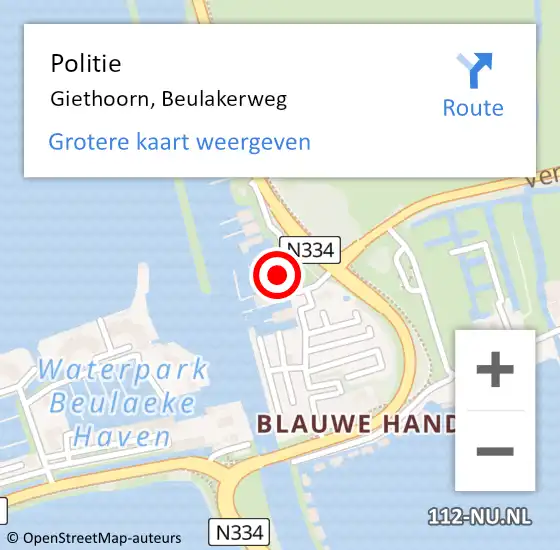 Locatie op kaart van de 112 melding: Politie Giethoorn, Beulakerweg op 6 oktober 2022 13:51
