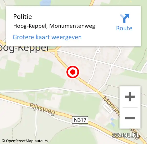 Locatie op kaart van de 112 melding: Politie Hoog-Keppel, Monumentenweg op 6 oktober 2022 16:28