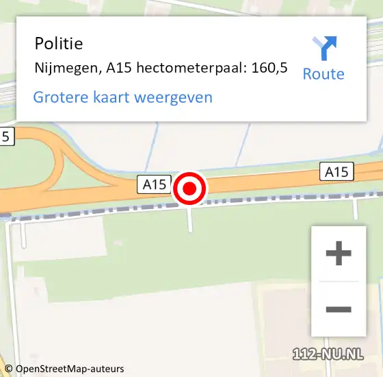 Locatie op kaart van de 112 melding: Politie Nijmegen, A15 hectometerpaal: 160,5 op 7 oktober 2022 08:12