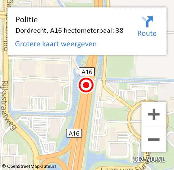 Locatie op kaart van de 112 melding: Politie Dordrecht, A16 hectometerpaal: 38 op 7 oktober 2022 09:00
