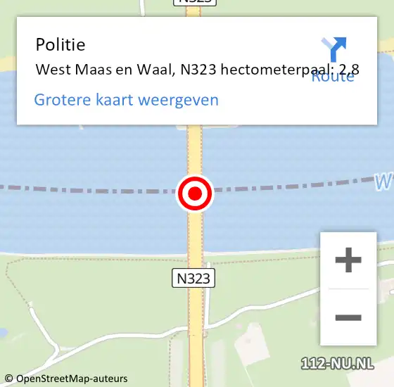 Locatie op kaart van de 112 melding: Politie West Maas en Waal, N323 hectometerpaal: 2,8 op 7 oktober 2022 09:25