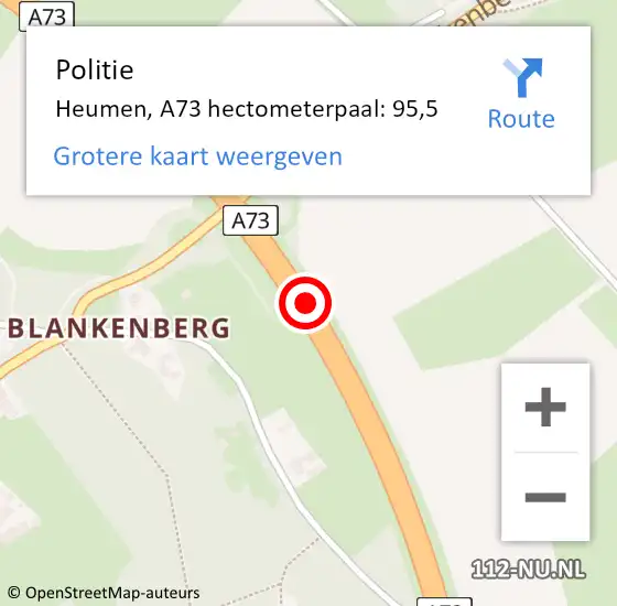 Locatie op kaart van de 112 melding: Politie Heumen, A73 hectometerpaal: 95,5 op 7 oktober 2022 09:45