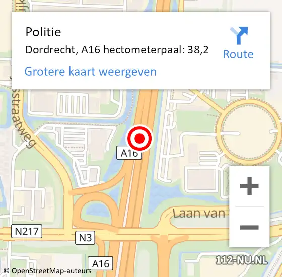 Locatie op kaart van de 112 melding: Politie Dordrecht, A16 hectometerpaal: 38,2 op 7 oktober 2022 09:50