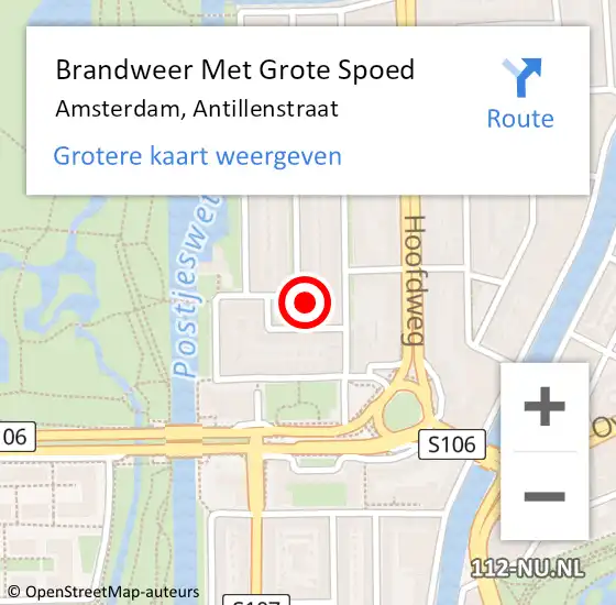 Locatie op kaart van de 112 melding: Brandweer Met Grote Spoed Naar Amsterdam, Antillenstraat op 7 oktober 2022 15:38