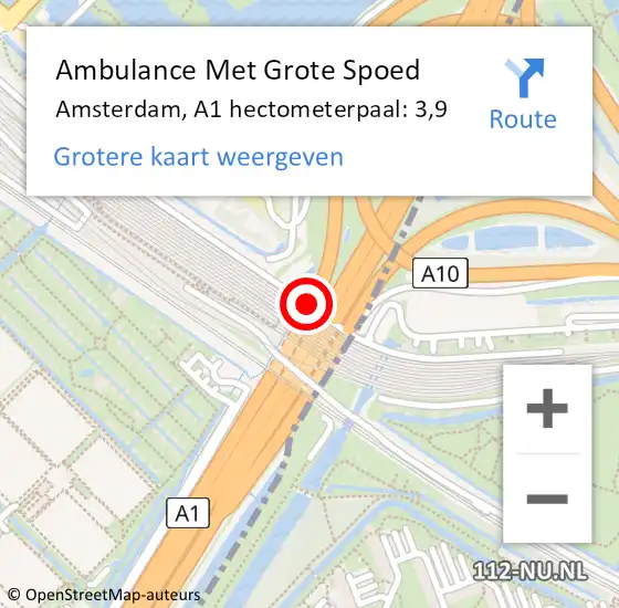 Locatie op kaart van de 112 melding: Ambulance Met Grote Spoed Naar Amsterdam, A1 hectometerpaal: 3,9 op 7 oktober 2022 18:23