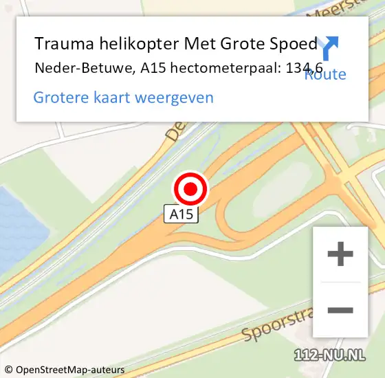 Locatie op kaart van de 112 melding: Trauma helikopter Met Grote Spoed Naar Neder-Betuwe, A15 hectometerpaal: 134,6 op 7 oktober 2022 19:16