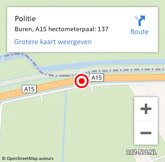 Locatie op kaart van de 112 melding: Politie Buren, A15 hectometerpaal: 137 op 7 oktober 2022 19:25