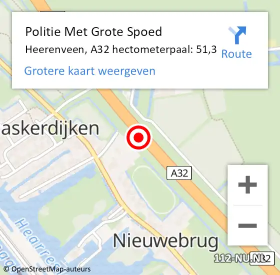 Locatie op kaart van de 112 melding: Politie Met Grote Spoed Naar Heerenveen, A32 hectometerpaal: 51,3 op 7 oktober 2022 23:11