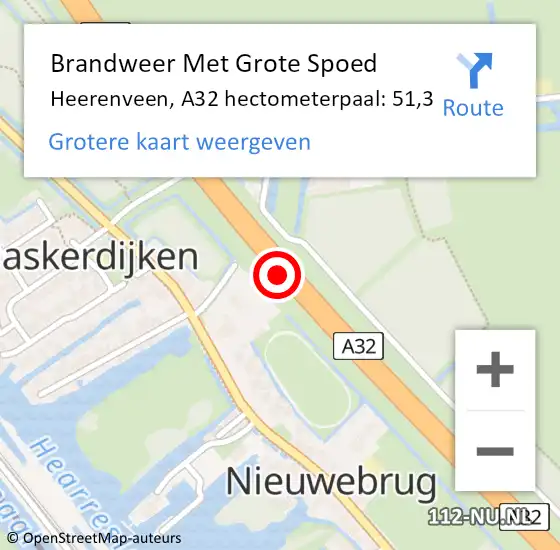 Locatie op kaart van de 112 melding: Brandweer Met Grote Spoed Naar Heerenveen, A32 hectometerpaal: 51,3 op 7 oktober 2022 23:12
