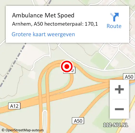 Locatie op kaart van de 112 melding: Ambulance Met Spoed Naar Arnhem, A50 hectometerpaal: 170,1 op 8 oktober 2022 15:17