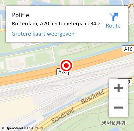 Locatie op kaart van de 112 melding: Politie Rotterdam, A20 hectometerpaal: 34,2 op 8 oktober 2022 18:03