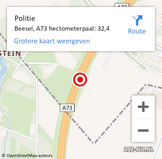 Locatie op kaart van de 112 melding: Politie Beesel, A73 hectometerpaal: 32,4 op 9 oktober 2022 02:55