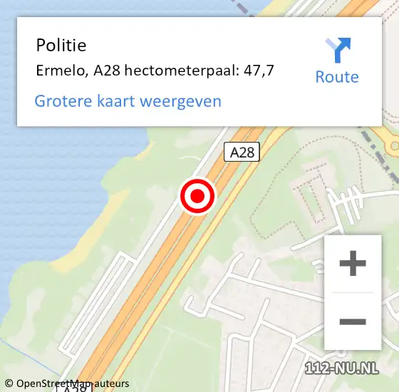 Locatie op kaart van de 112 melding: Politie Ermelo, A28 hectometerpaal: 47,7 op 9 oktober 2022 09:09
