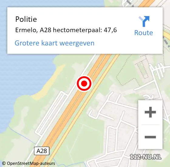 Locatie op kaart van de 112 melding: Politie Ermelo, A28 hectometerpaal: 47,6 op 9 oktober 2022 09:09