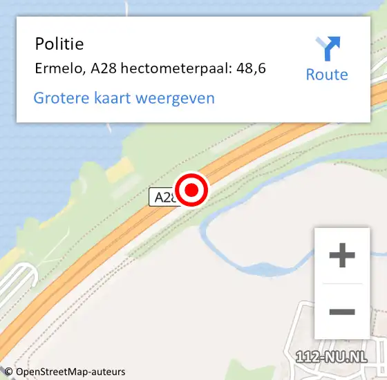 Locatie op kaart van de 112 melding: Politie Ermelo, A28 hectometerpaal: 48,6 op 9 oktober 2022 09:10