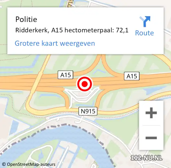 Locatie op kaart van de 112 melding: Politie Ridderkerk, A15 hectometerpaal: 72,1 op 9 oktober 2022 10:56