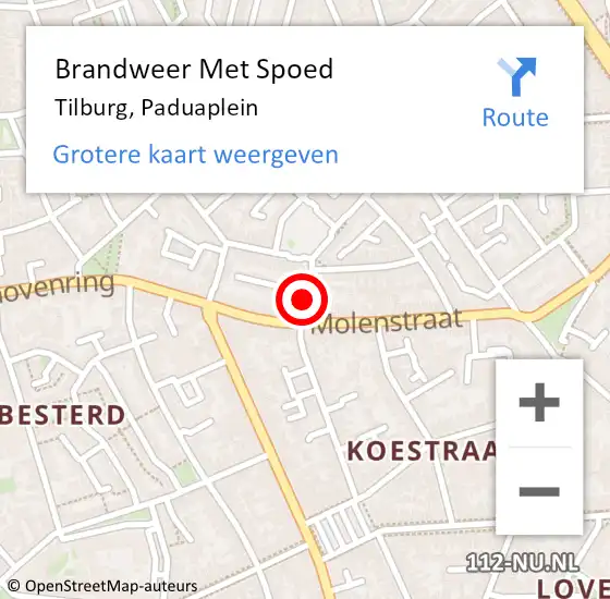 Locatie op kaart van de 112 melding: Brandweer Met Spoed Naar Tilburg, Paduaplein op 9 oktober 2022 13:17