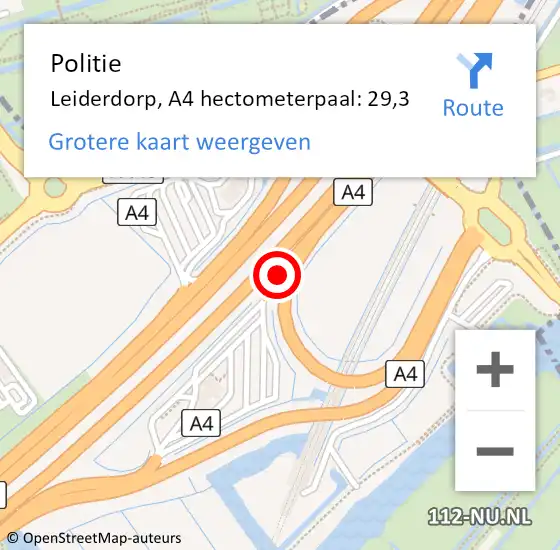 Locatie op kaart van de 112 melding: Politie Leiderdorp, A4 hectometerpaal: 29,3 op 9 oktober 2022 17:34