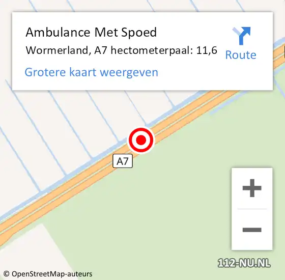 Locatie op kaart van de 112 melding: Ambulance Met Spoed Naar Wormerland, A7 hectometerpaal: 11,6 op 10 oktober 2022 09:14