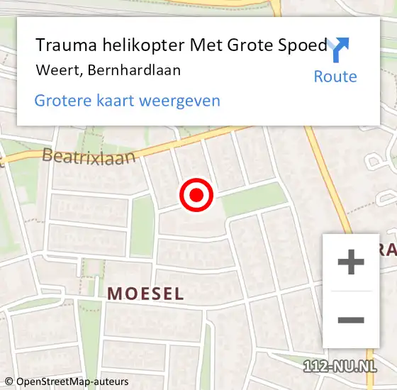 Locatie op kaart van de 112 melding: Trauma helikopter Met Grote Spoed Naar Weert, Bernhardlaan op 10 oktober 2022 09:43